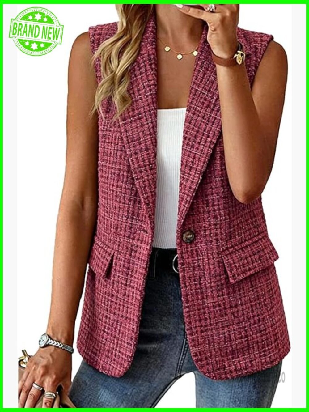 Sleeveless Blazer Vest Women's Lightweight Open Front Work Jacket with Pockets